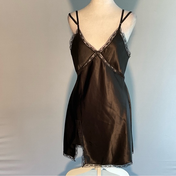 Sexy Shop Michella Small Black Satin Slip Dress Lace Slit Accents Elastic Straps - Picture 10 of 16